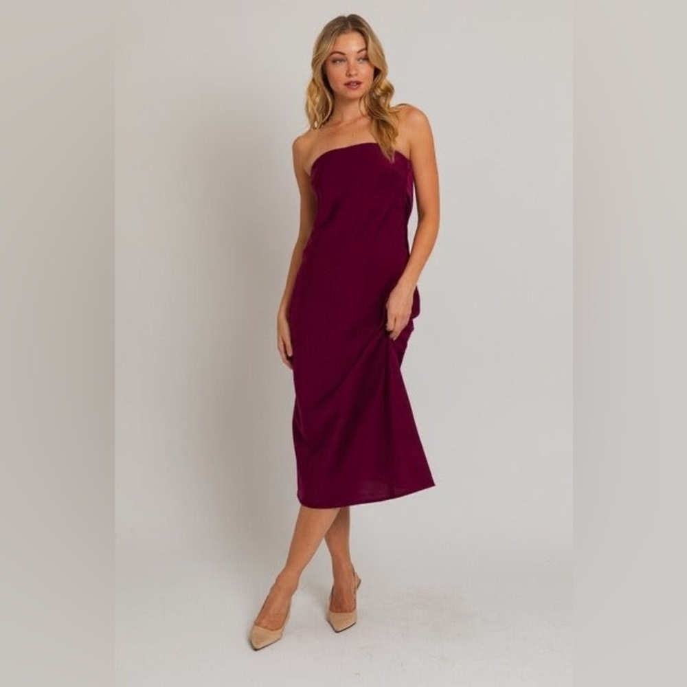 Strapless Cowl Back Midi Sheath Dress - Le Lis